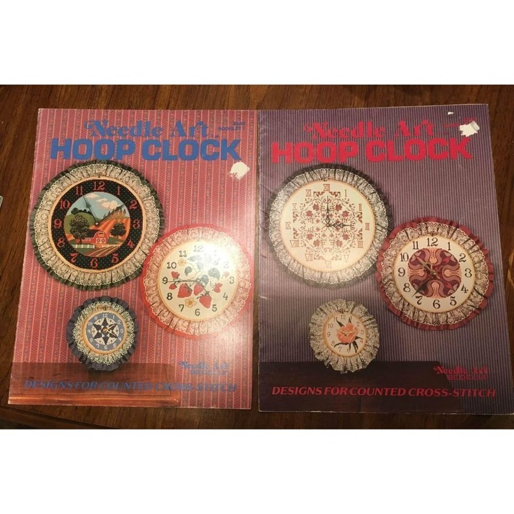 2 Pieces Vintage 1984 Cross Stitch Hoop Clock Craft Books Needle Art
